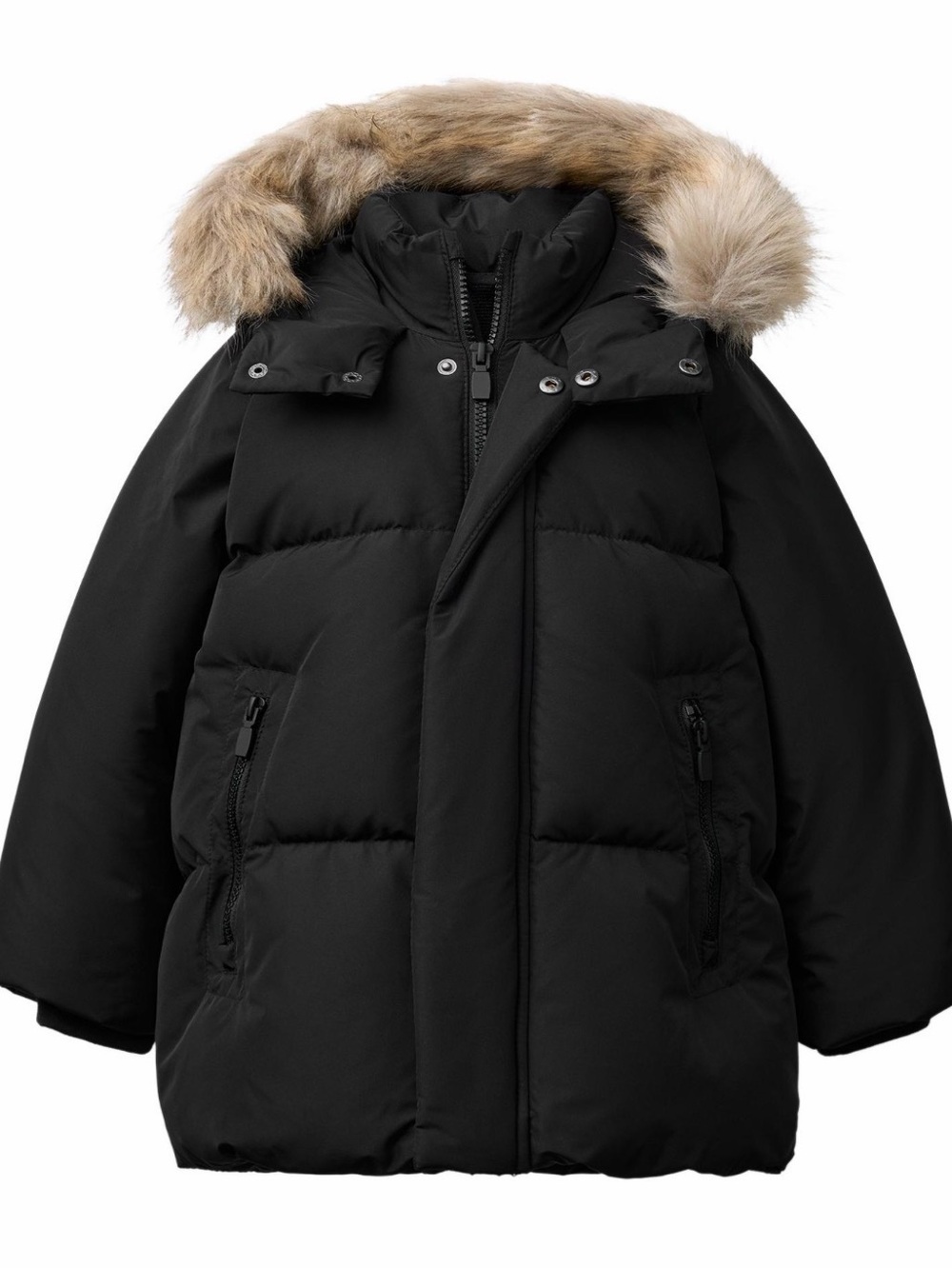 Zara Black Kids Hooded Puffer Jacket with Faux Fur Trim